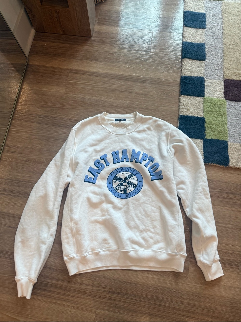 East Hampton Madhappy White Crewneck Sweatshirt with Blue Graphic